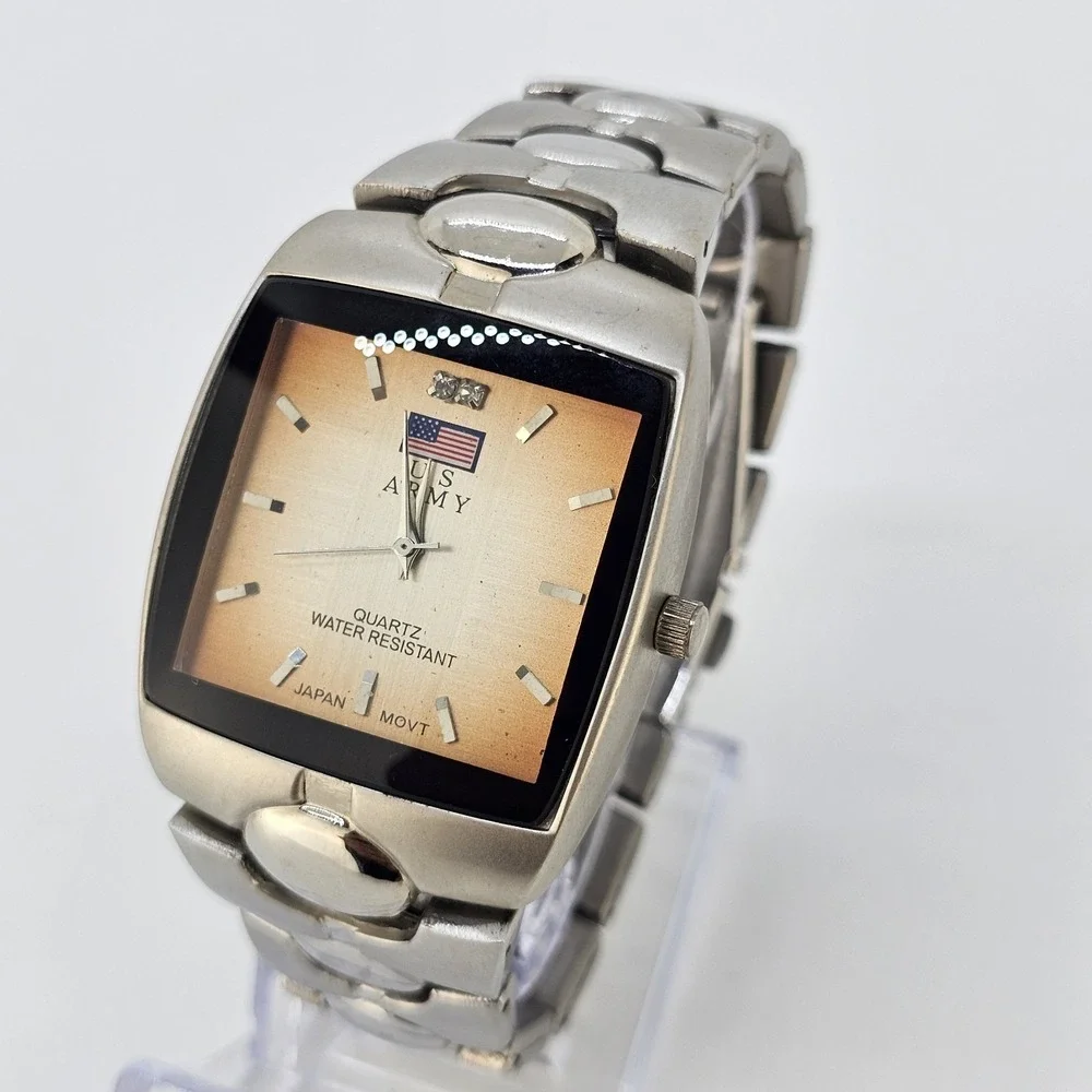 US Army Men's Analog Watch 35MM Gold Dial Gray Bracelet Band 6
